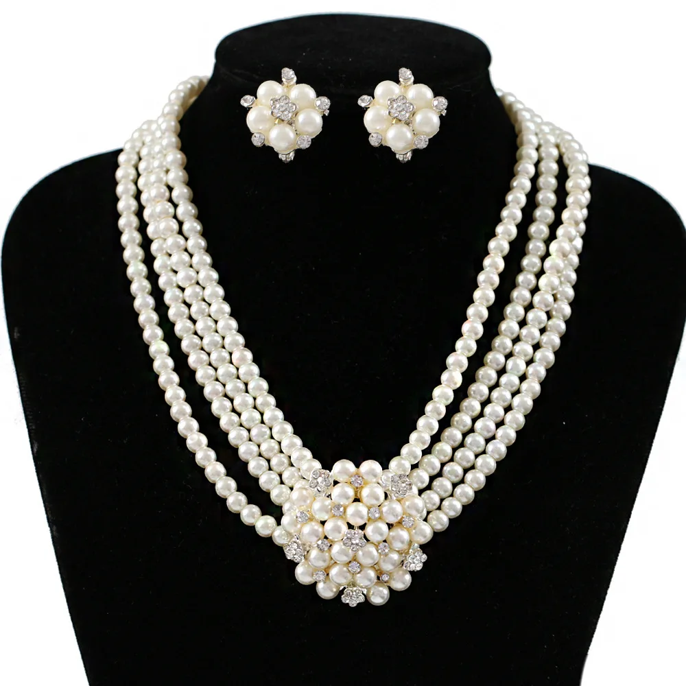 

MASA Vintage Multilayer Pearl Pendant Necklace Stud Earrings Jewelry Set Bridal Bead Chain Neck Accessories Anniversary Gifts