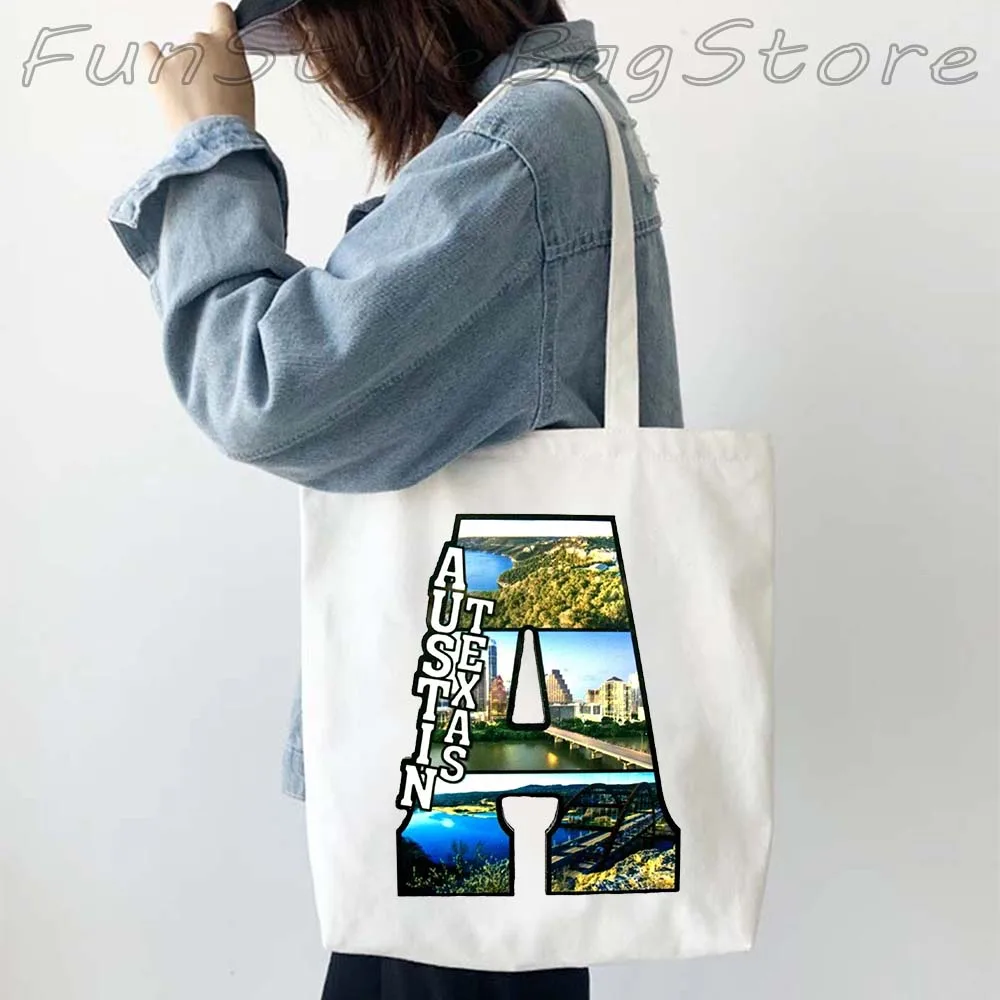 

ABC Alphabet Landmark USA States Shoulder Bag Women Tote Bags Shopping Bag Canvas Reusable Summer Large Capacity Handbags