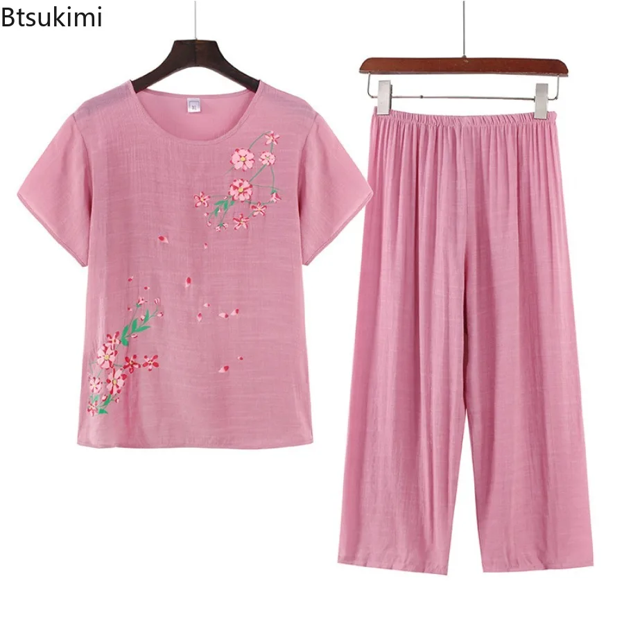 2023 Middle Aged Women's Summer Cotton Linen Short Sleeve Two Piece Sets Ladies Pajamas Top + Pants Sets Two-Piece Set Homewear 4 10 piece 20x15cm middle size simple rattan handles for patchwork bag ladies bags purse handbags rattan handle crafts