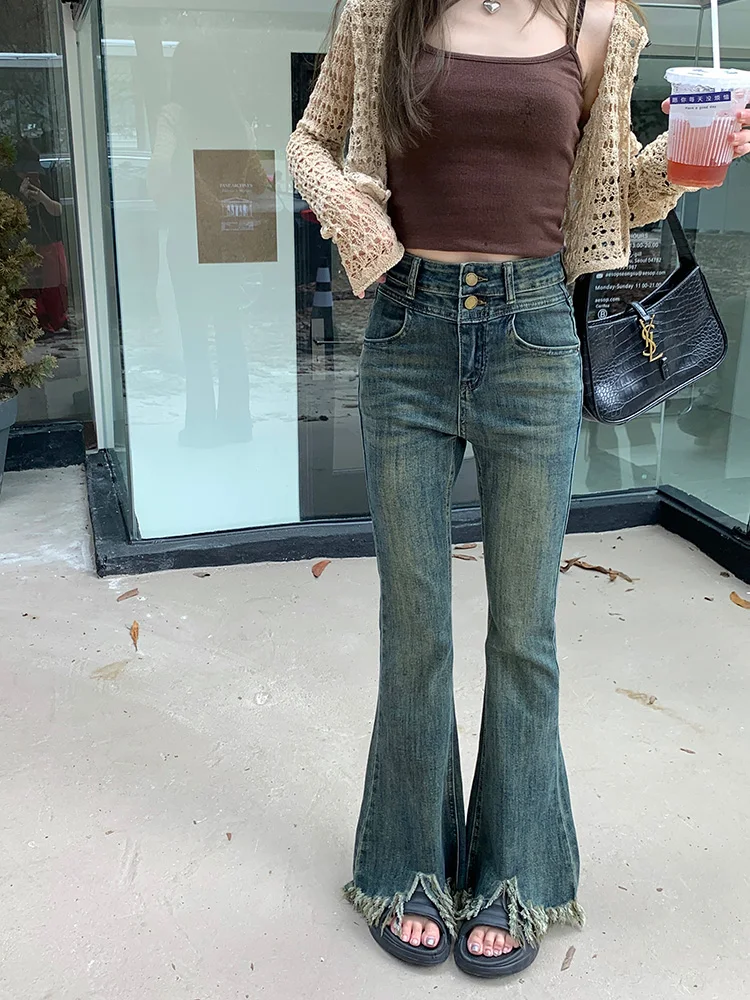 

Slergiri American Fashion Frayed Trim Flare Jeans Woman Vintage High Waist Stretch Slim Casual Bell Bottom Pants Y2k Streetwear