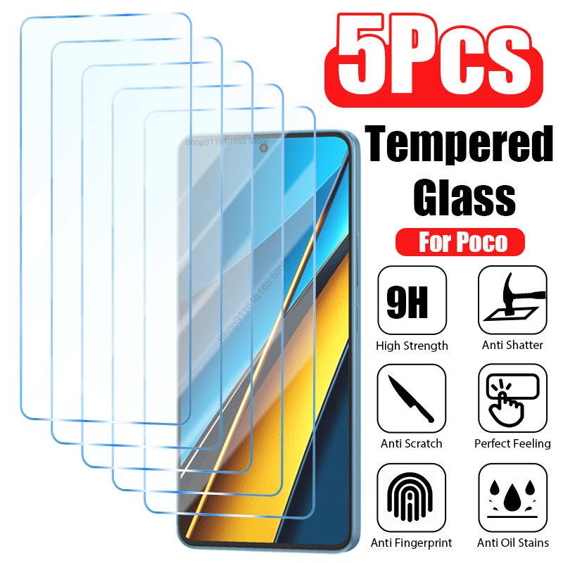 5PCS Protective Glass For POCO X6 X5 X4 X3 F5 Pro M4 M3 F2 Pro 5G Screen Protector for Poco M5 M5S F3 F4 X4 X3 GT X3 NFC glass