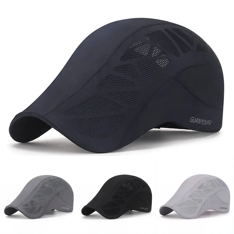 남녀공용 여름 야외 메쉬 통기성 빠른 건조 베레모 모자, 골프 러닝 모자, 뉴스보이 작업 카스케트 썬 햇, 플랫 바이저 