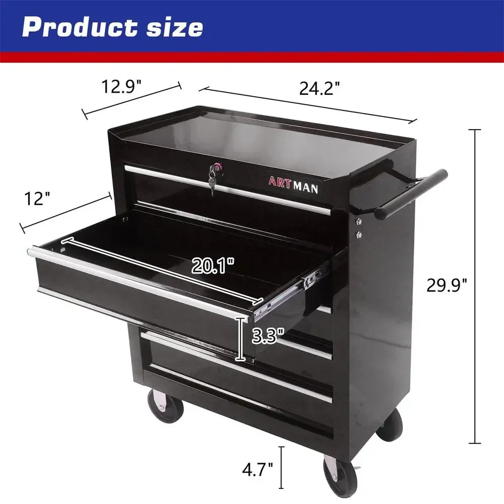 5-Drawer Steel Rolling Tool Box on Wheels Garage Workshop Organizer Storage Chest Black Anti-Rust High Capacity Portable with 6