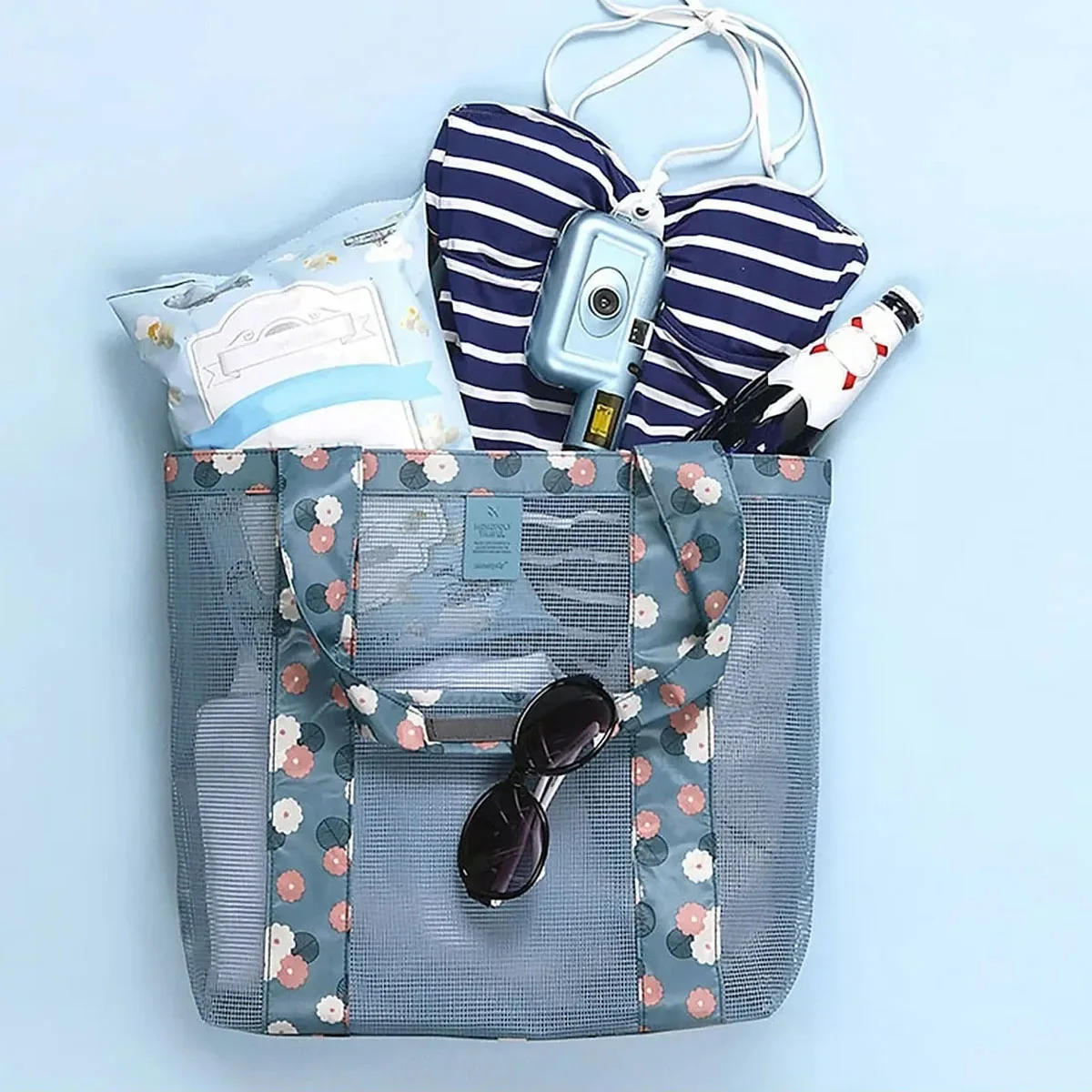 Portable Mesh Bag Single Shoulder Large Capacity Beach Bag Clothes Storage Bag Tote Bag with Zipper Outdoor Travel Storage Bag