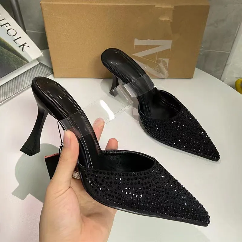 New Black Rhinestone Women's Sandals Shoes Pointed Closed Thin Heel ...