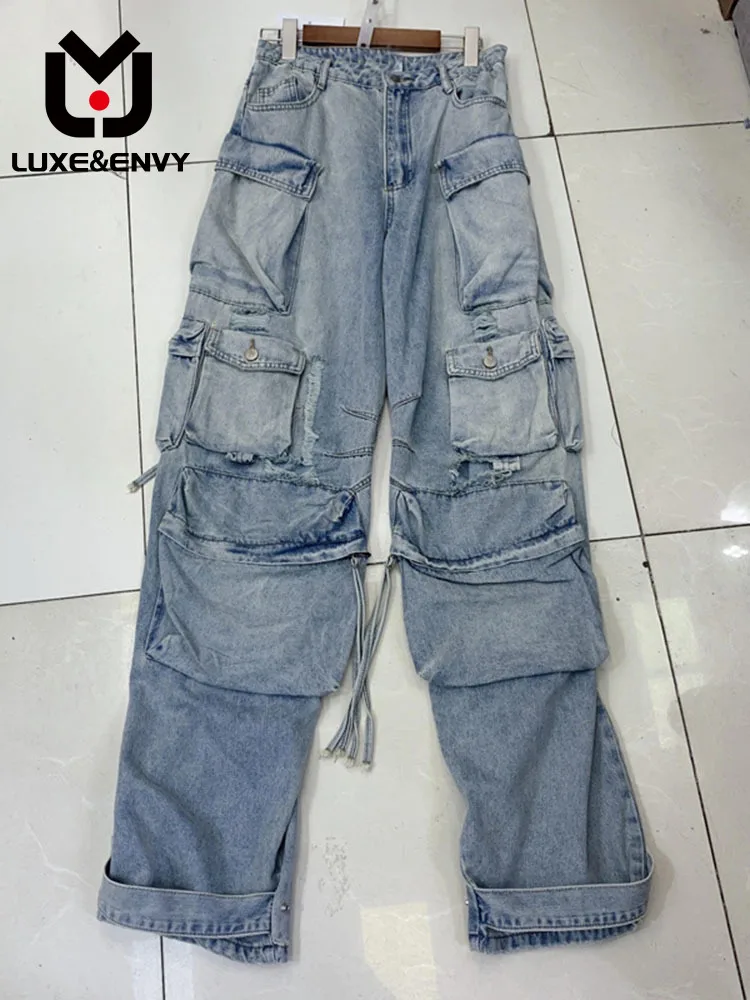 

LUXE&ENVY Washed Blue Damaged Multi Pocket Cargo Pants Loose Jeans Women 2023 Summer