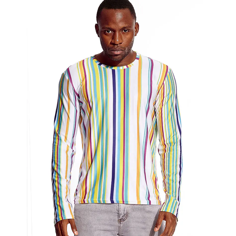 

Vertical Striped Men T Shirt Colorful Stripes Tees for Male Gay Pride Party Quick Dry Long Sleeve Round Neck Boy Cool