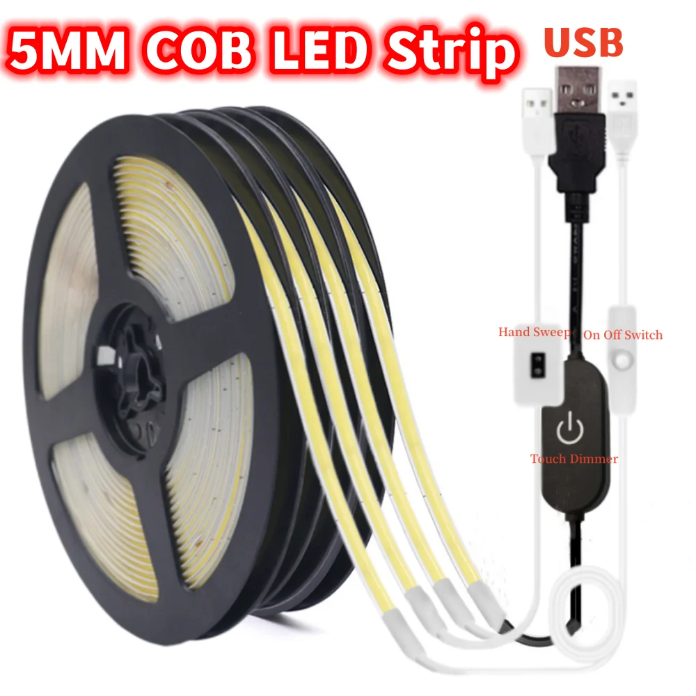 

DC5V COB LED Light Strip 5MM Width PCB Dimmable Senson Diode Tape Lamp USB 320LEDs/m RA90 Super Bright ON OFF Switch