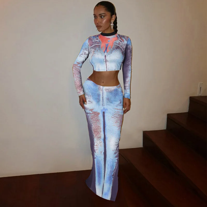 

Elegant Print Causal Streetwear Long Skirt 2 Piece Sets Pullover Crop Top T-shirts New Autumn Long Sleeve Low Waist Skirts Suits