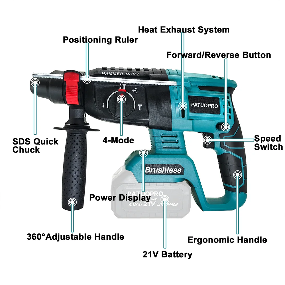 PATUOPRO 26MM Electric Impact Rotary Drill 4-Mode Brushless Hammer Drill Rechargeable Motor Power Tools For Makita 18V Battery 3