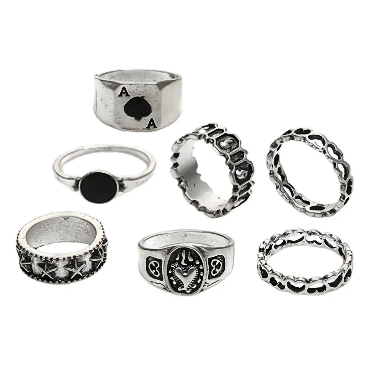 Anello D'Amore In Argento Antico Set Da 7 Pezzi Di Serie Dark Vintage Per Uomo Donna Spade Circle Star Letter Rock Style Regali Decorativi
