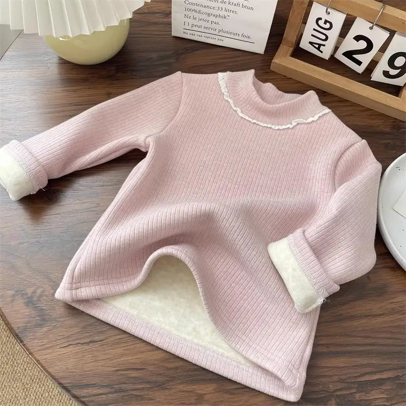 Lace Half High Collar Thicken Velvet Shirt Baby Girls Autumn Winter Warm Pullovers Girls Solid Color Casual Bottoming Tops
