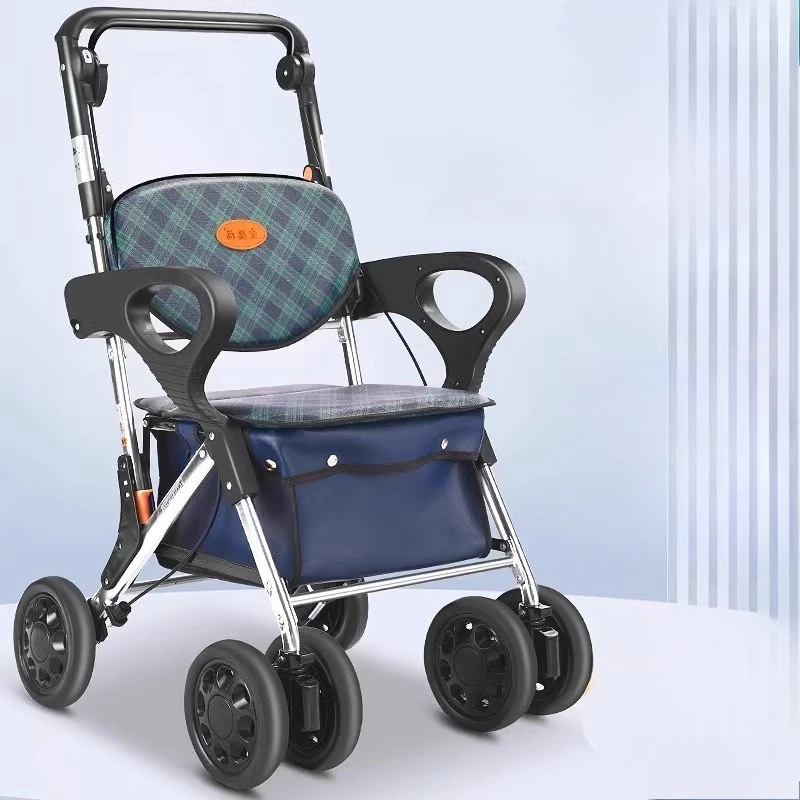 Elderly Shopping Aid Car, Hand Push To Buy Vegetables Cars, Aluminum Folding Elderly Scooter Can Sit and Push Walker for Adults