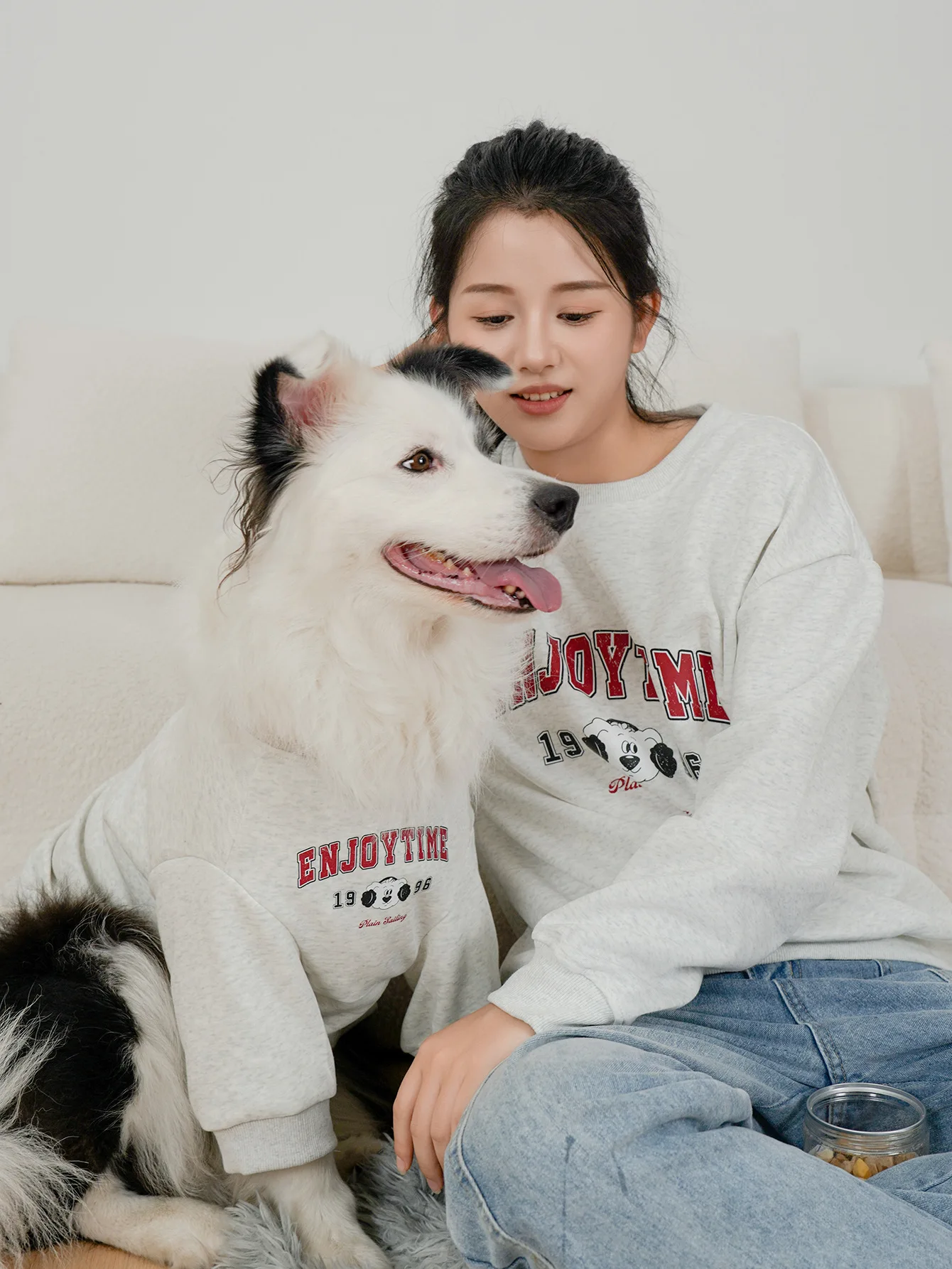 개 고양이 티셔츠 성인 부모-자녀 의상 여름 새로운 줄무늬 웃는 얼굴 면 티셔츠 느슨한 두 다리 옷 부모-애완 동물
