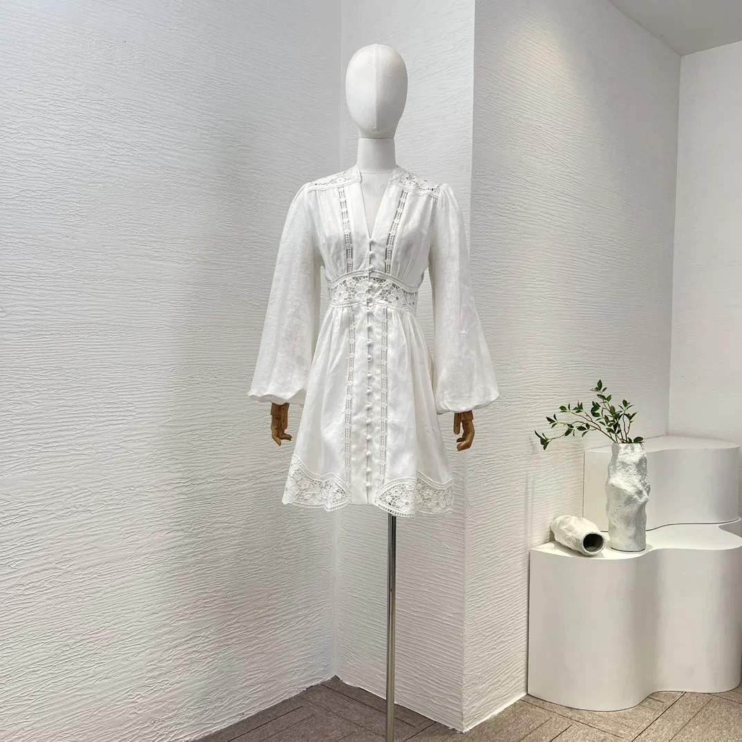 

White Elegant New High Quality Linen 2024 Fashion Clothing Hollow Out Embroidery Long Sleeve Women Mini Dress