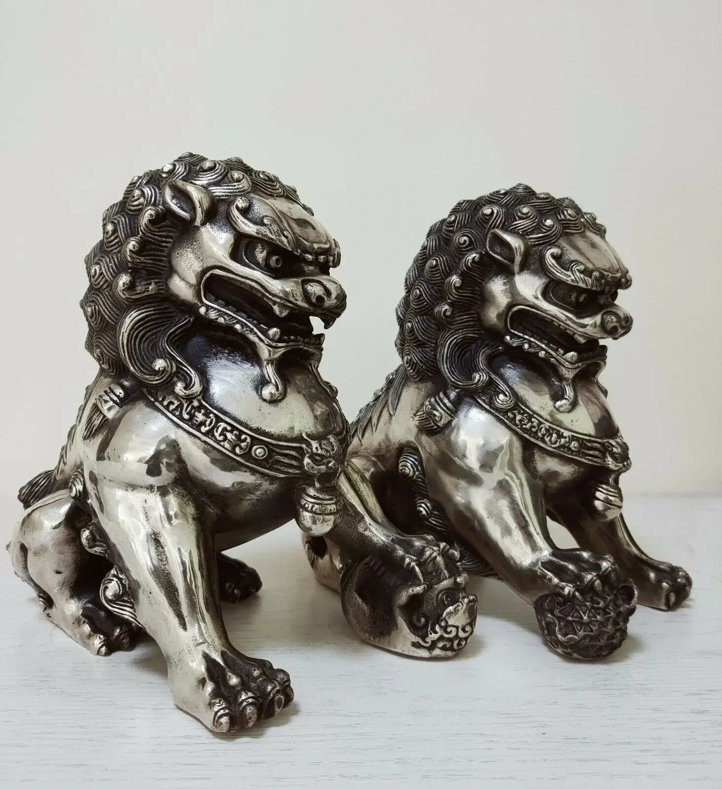 

8inch Big Tibet silver Fu Foo Dog Guardian lion argent lucky Statue Pair