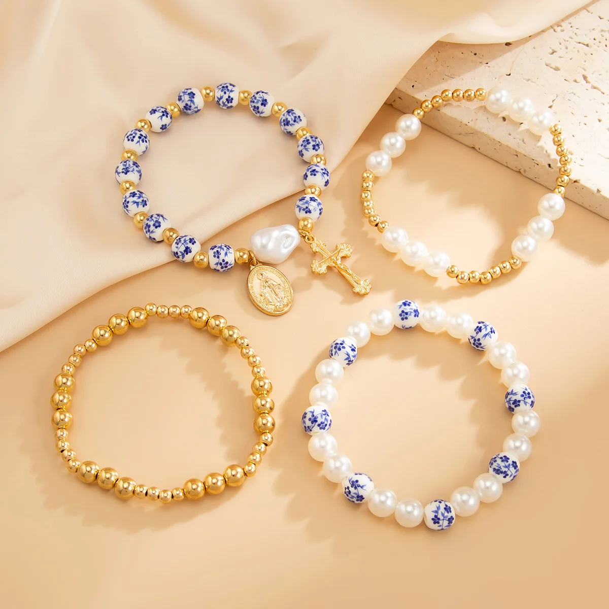 4pcs/set Blue and White Porcelain Round Bead Bracelet for Women Geometric Pearl Cross Hand Strings Fashion Jewelry Bijoux Femme