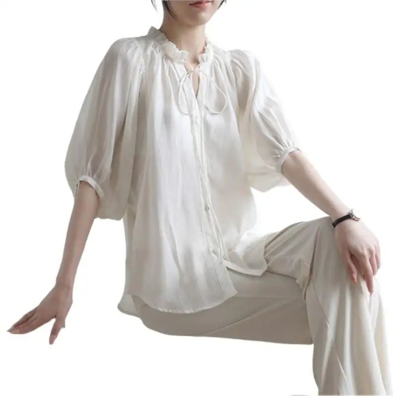 

Women's Three Quarter Sleeve Loose Lace Up Shirt Summer Solid Rayon Thin Transparent Blouse Fashion Simple Coat Sunscreen Shirt