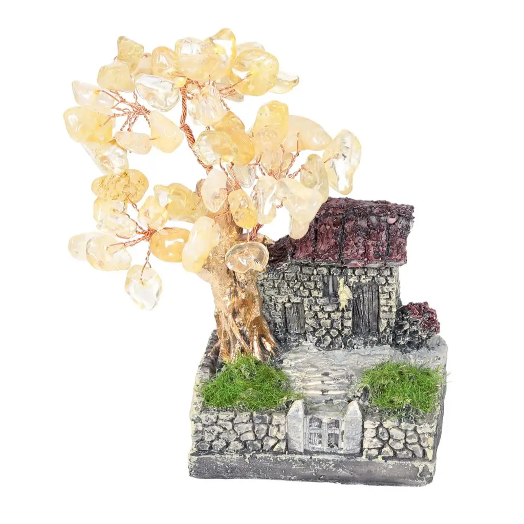 Mini Resin Tile-roofed House With Crystal Money Tree Simulation Grass Landscape Figurine For Home Decor