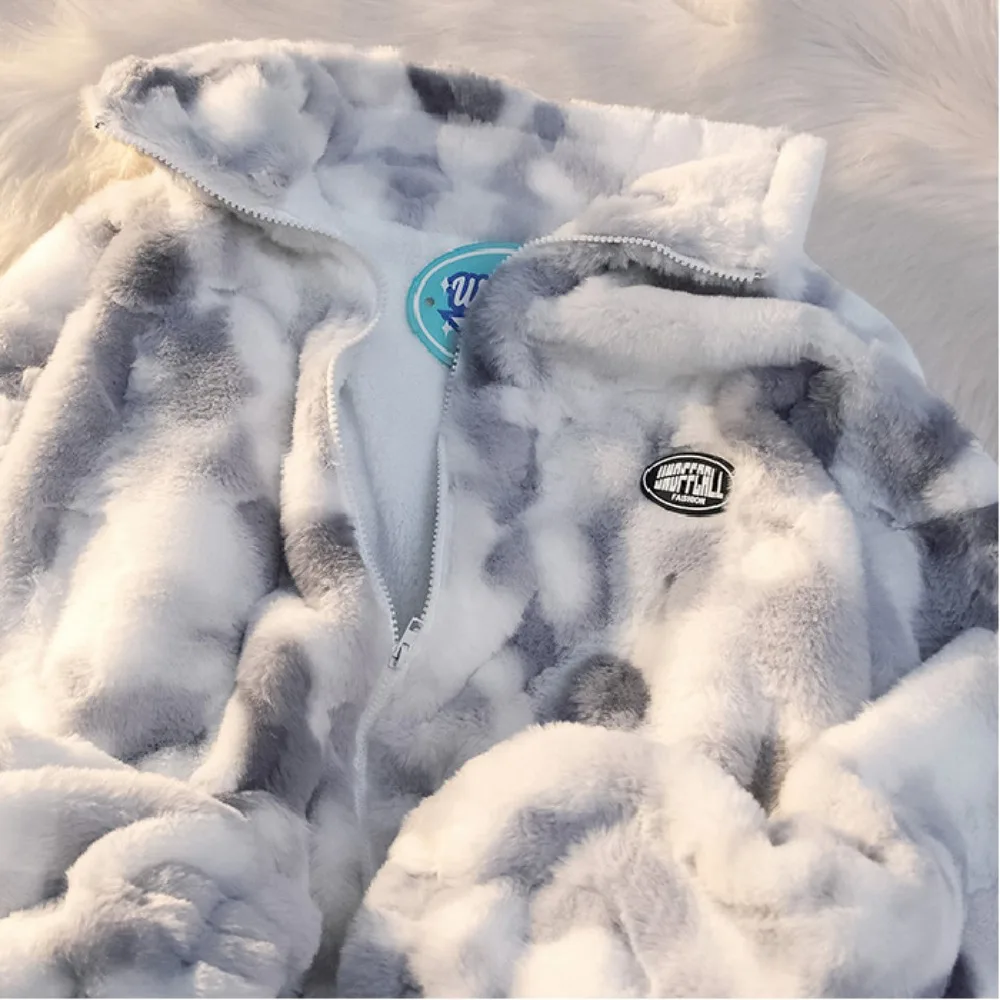 New Women's Tie Dye Lamb Fleece Jacket Autumn Winter Zipper Outerwear Warm Plush Jackets Harajuku Casual Loose Female Thick Coat 4
