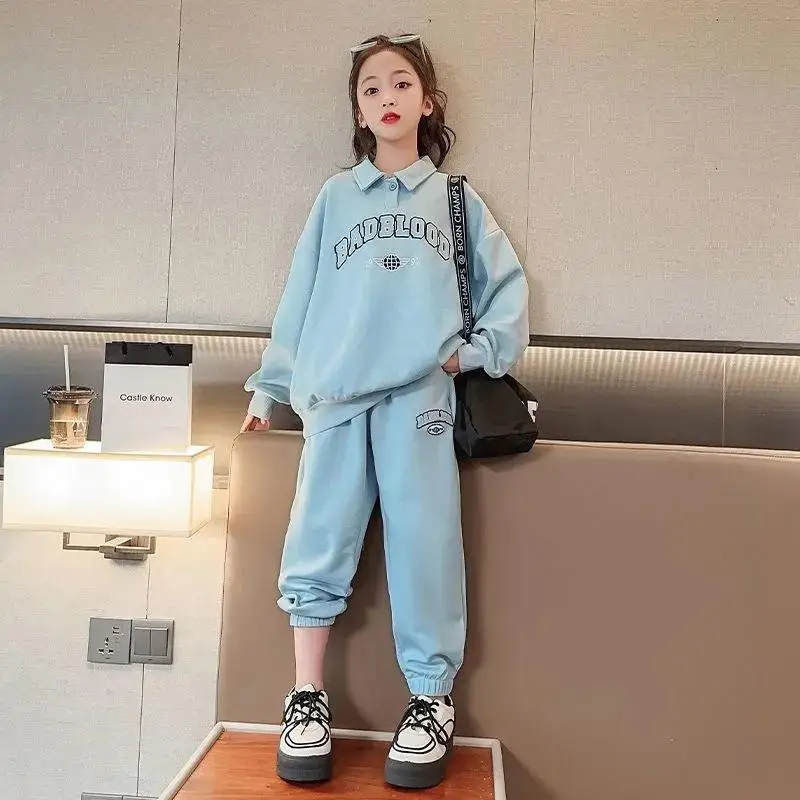 

7 To 16 Years Old Spring Autumn Active Baby Girl Clothes 2Pcs Children's Set Long Sleeve Letter Sweatshirt Straight Pant Suits