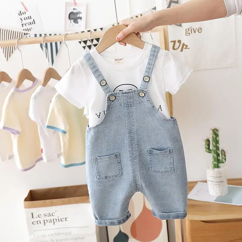 Summer Infant Boys Jeans Jumpsuit Knee-Length Cute Cartoon Toddler Overalls  Cotton Denim Suspender Pants Casual Baby Boy Rompers