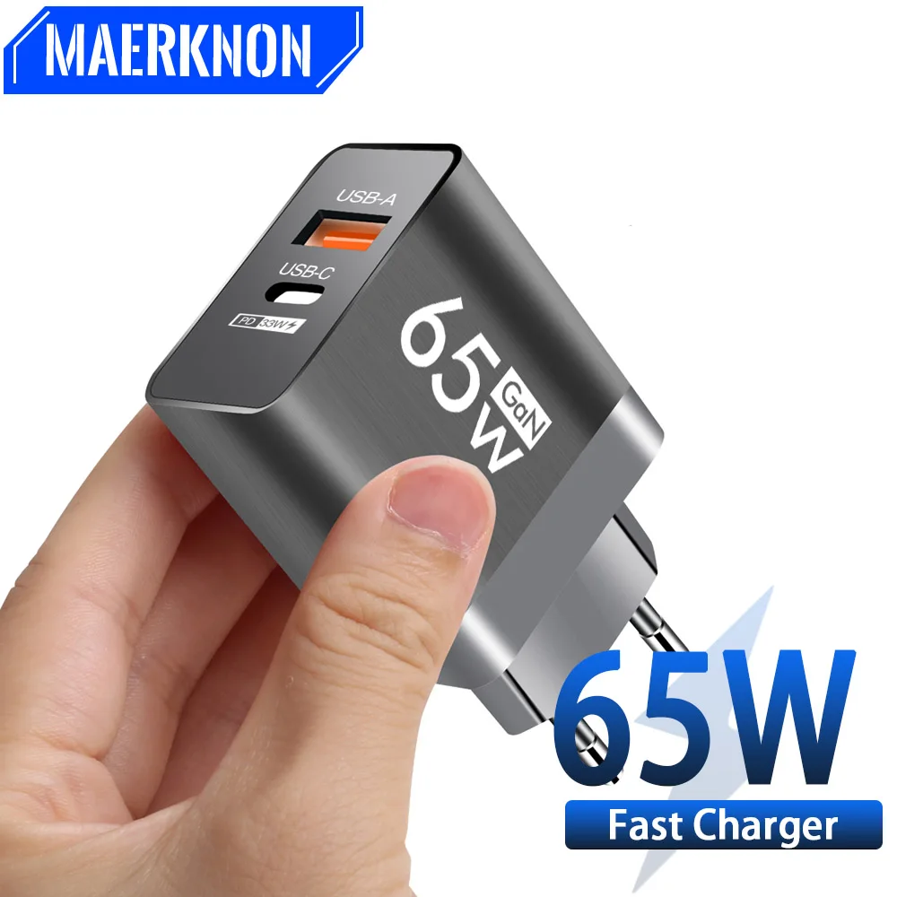 

65W USB Type C Charger 2 Ports GaN Quick Charger 3.0 EU/US Plug For Iphone 14 13 Xiaomi 13 Pro Samsung Huawei Wall Power Adapter