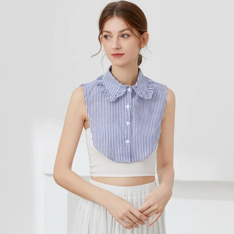 Blue Striped Pleated Fake Collar with Lotus Leaf Lace Detachable Collar Shirt Dickey Half Blouse False Collar for Lady Girls
