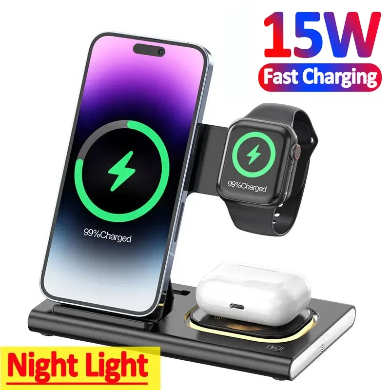 

3 in 1 Wireless Charger Stand For iPhone 15 14 13 12 Pro Max Apple Watch 8 7 Samsung Watch 5 Airpods Fast Charging Dock Station