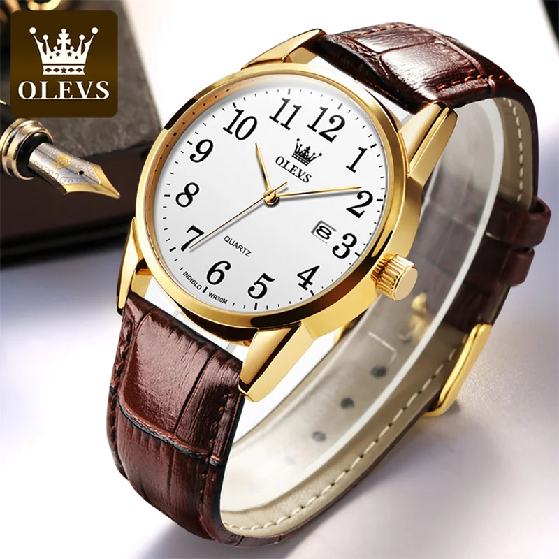 OLEVS Brand Lovers Watch Fashion Leather Waterproof Calendar Casual Simple Couple Quartz Watches for Men Women Elegant Clock
