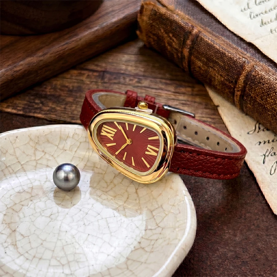 Vintage Gold Watch with Angora Red Leather Strap