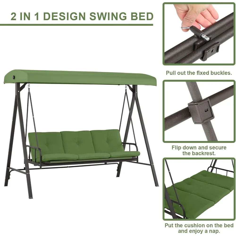 3-Person Patio Porch Swing Chair Outdoor Patio Swing Hammock with Adjustable Backrest and Canopy for Patio Garden