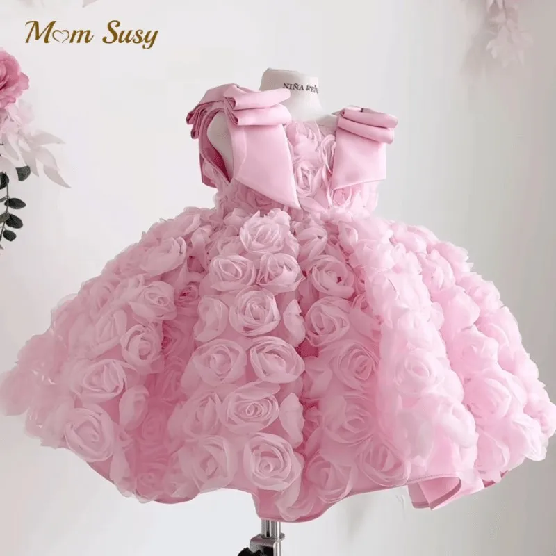 Baby Girl Princess 3D Flower Dress Bow Shoulder Infant Toddler Teens Child Vestido Party Birthday Wedding Baby Clothes 1-12Y