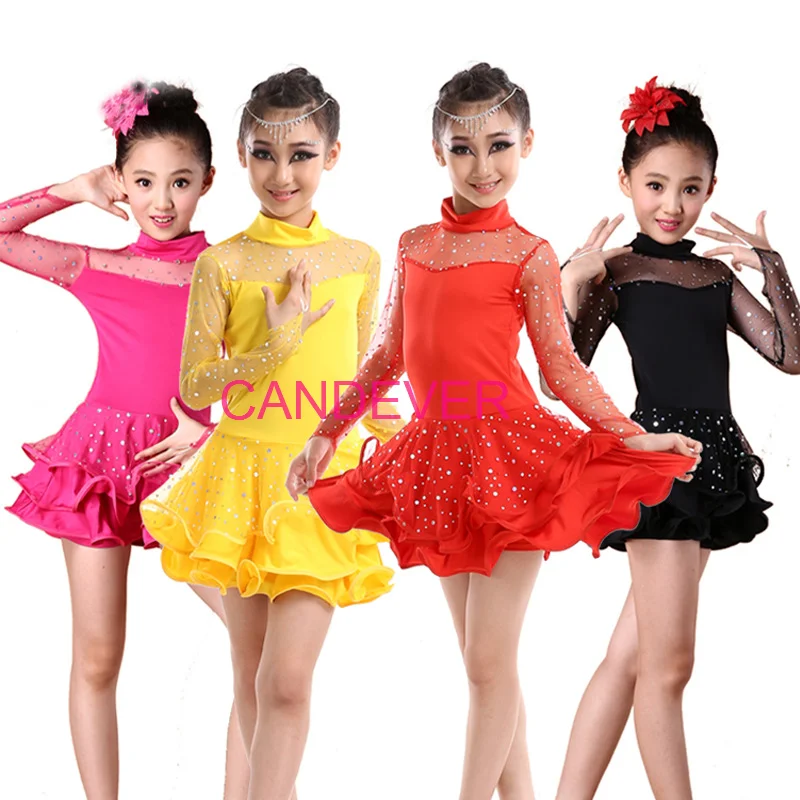 prodessional latin dance dress for girls Line Long Sleeve Lace Ballroom Dancing Salsa Samba Tango Standard Costume Kids Child
