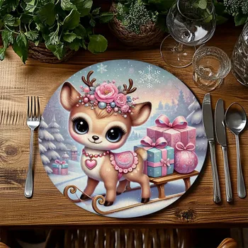 VIKAMA 4-piece pink Christmas countryside placemat - non slip, kitchen decoration, suitable for dinners and home decor 1