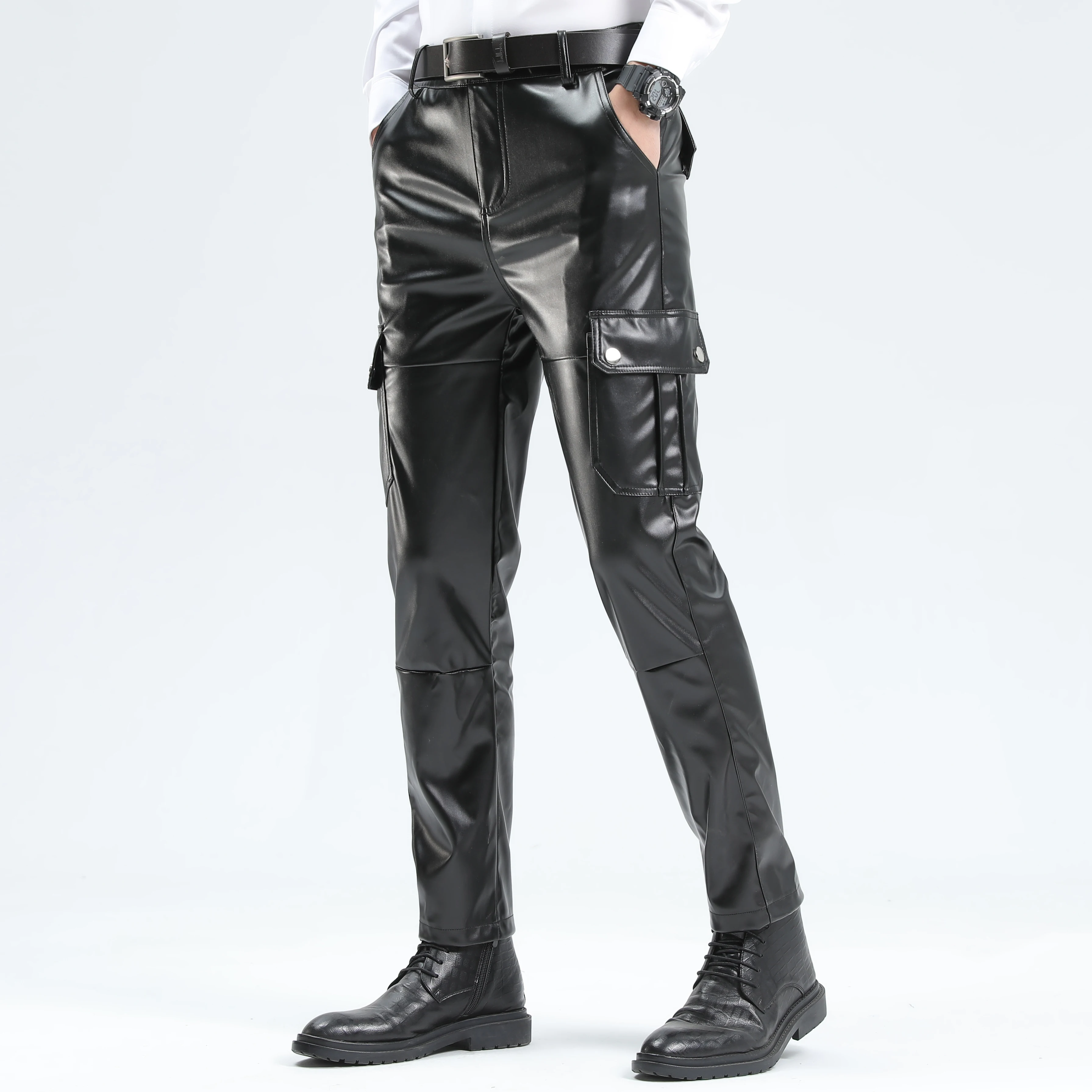 Men's Leather Cargo Pants Elastic Fashion PU Leather