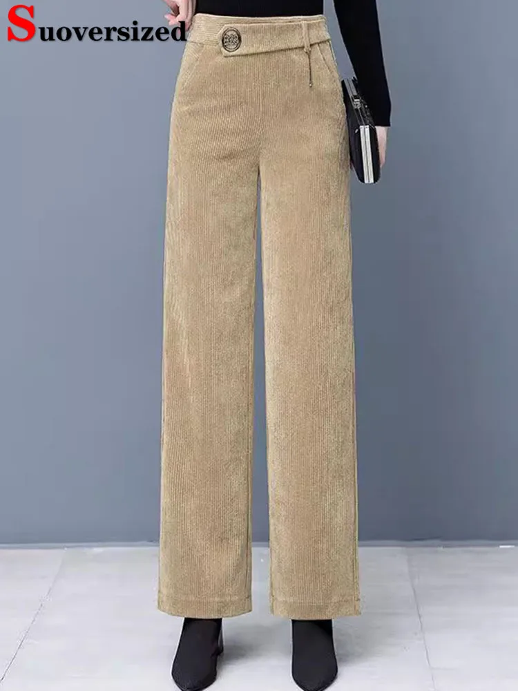 

Корейские свободные вельветовые брюки с высокой талией и широкими штанинами, женские повседневные свободные брюки большого размера 4xl, прямые панталоны, весенние и осенние брюки до щиколотки