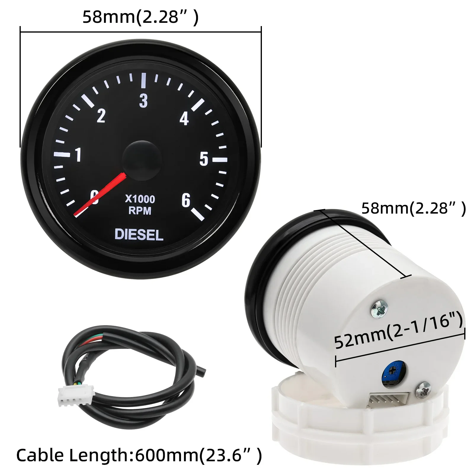 Car Accessories 52MM 2inch Auto Gauge Diesel Tachometer 0-6000RPM Meter with whi