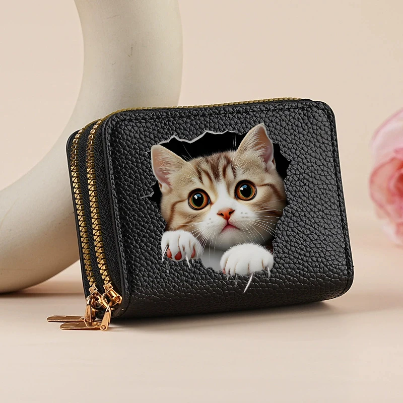 3D Niedliche Katzenmädchen Damen-Geldbörse mit Doppelreißverschluss, Lychee-Design, Kurzer Kreditkartenhalter mit Großer Kapazität und Münzfach – Detail 4
