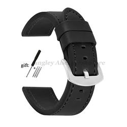 Vintage Leather Watch Band Strap with Stainless Steel Buckle - Unisex Sports Accessory - 22mm (Black - Silver)