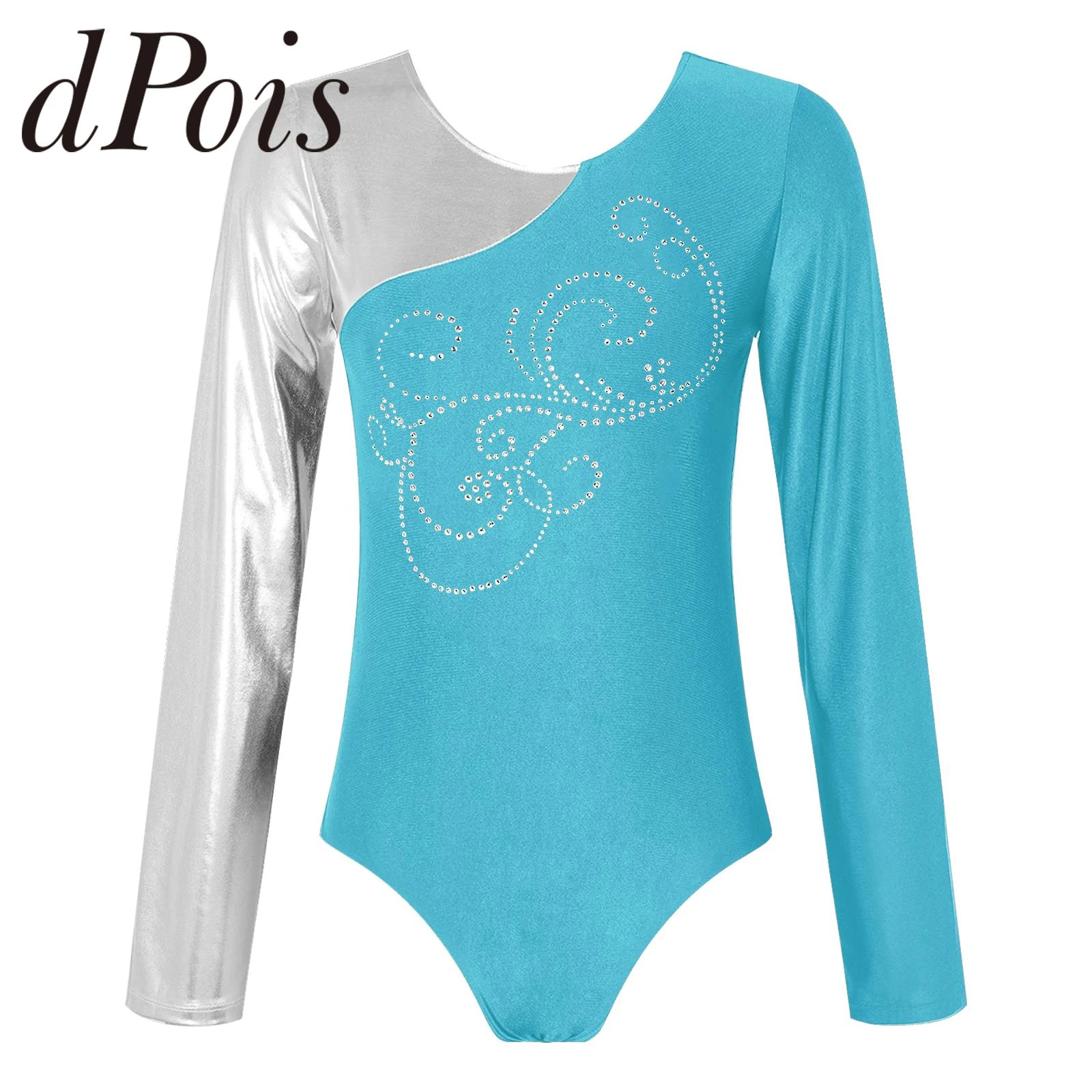 Womens Metallic Shiny Rhinestone Gymnastics Leotards Long Sleeve