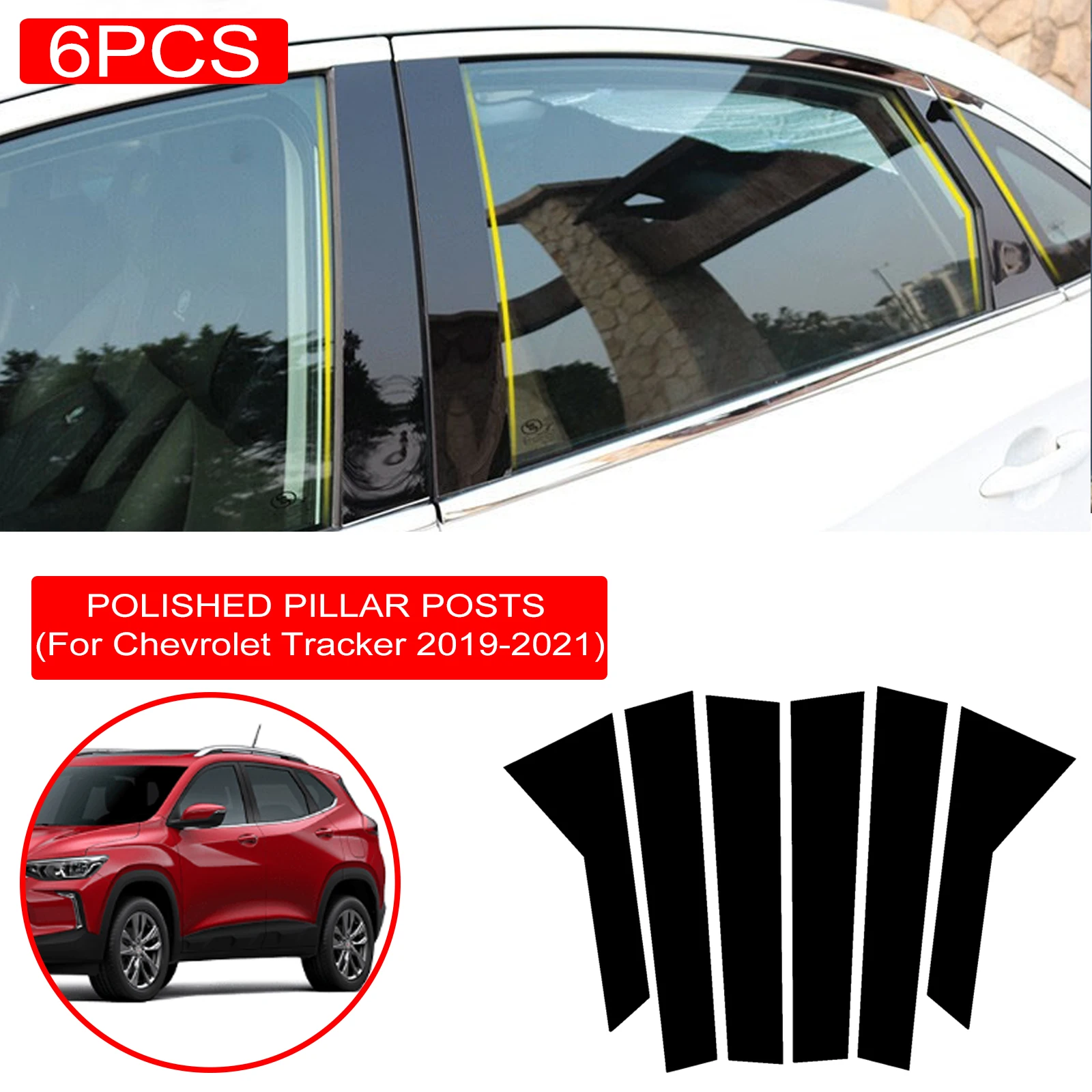 

6PCS Polished Pillar Posts Fit For Chevrolet Tracker 2019-2021 Window Trim Cover BC Column Accessories Sticker Black