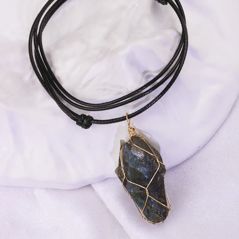 10pcs Adjustable Natural Raw Stone Necklace Labradorite Pendant Woven Necklaces Men Women Jewelry Gift