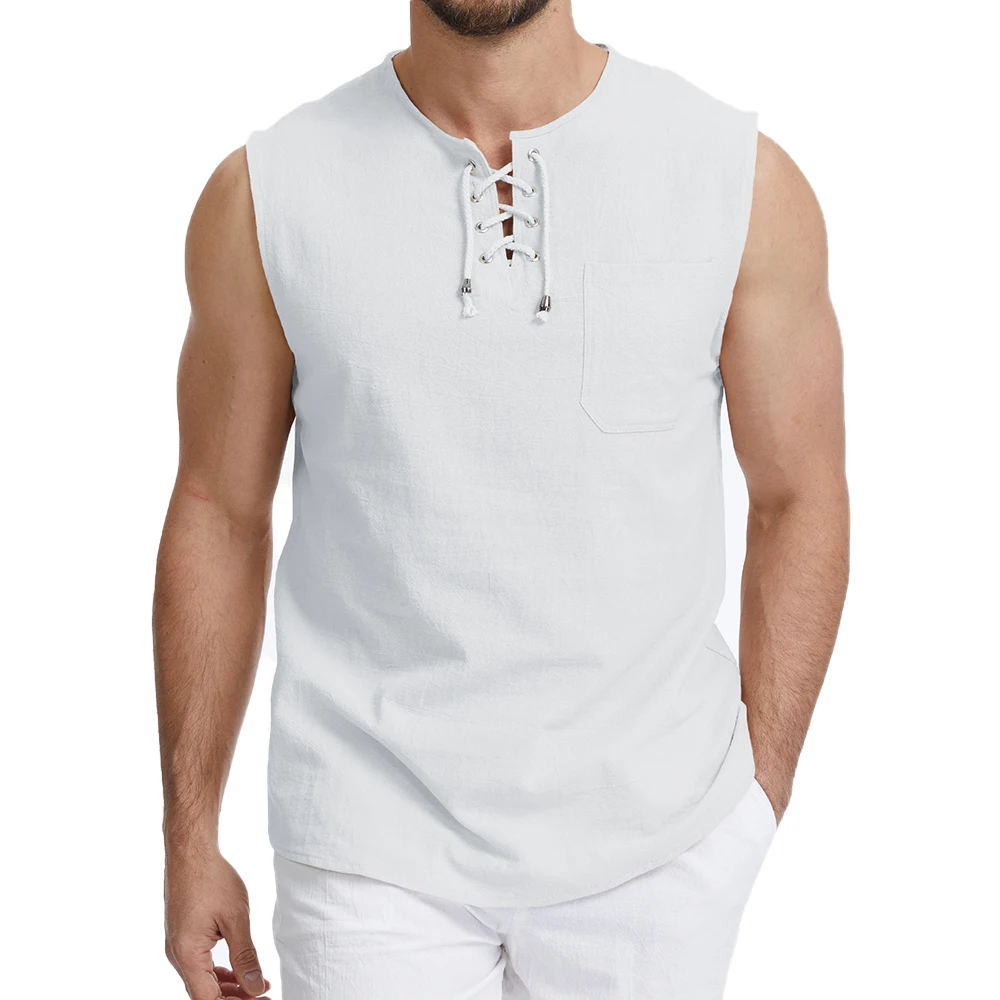Herren-Tanktops aus Baumwolle und Leinen, atmungsaktiv, leicht, gemütlich, ärmellos, T-Shirt mit V-Ausschnitt, stilvoll, einfarbig, schlichter Stil, Sommer-T-Shirts