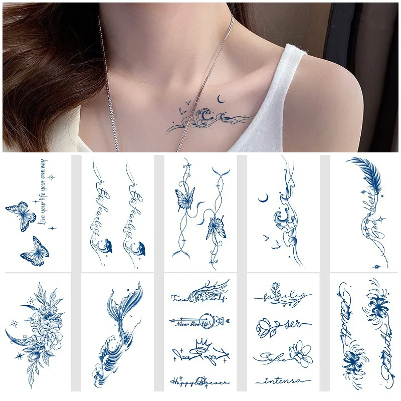 

Disposable Fake Tattoos Small Fresh Small Pattern Butterfly Sea Waves Fish Tail Chest Hand Back Lasting 15 Days Tattoo Stickers