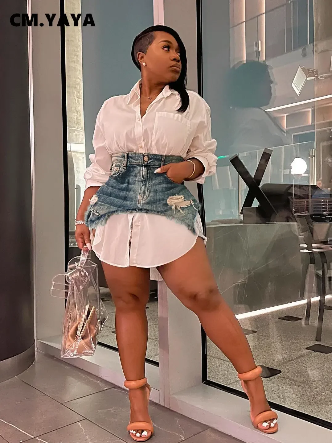 

Женская винтажная рубашка-блузка ZHUISHU с длинным рукавом и отложным воротником, стильное платье из джинсовой ткани, нестандартная мини-юбка, комплект из двух предметов