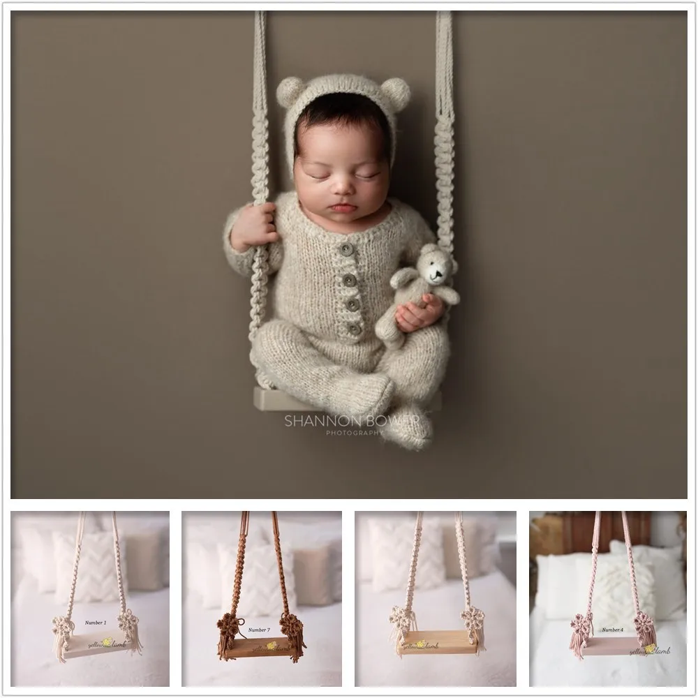 

Newborn Photography Prop Wooden Swing Vintage Posing Swing Macrame Boho Children Shootsession Posing Fotografia Bebe Accessories