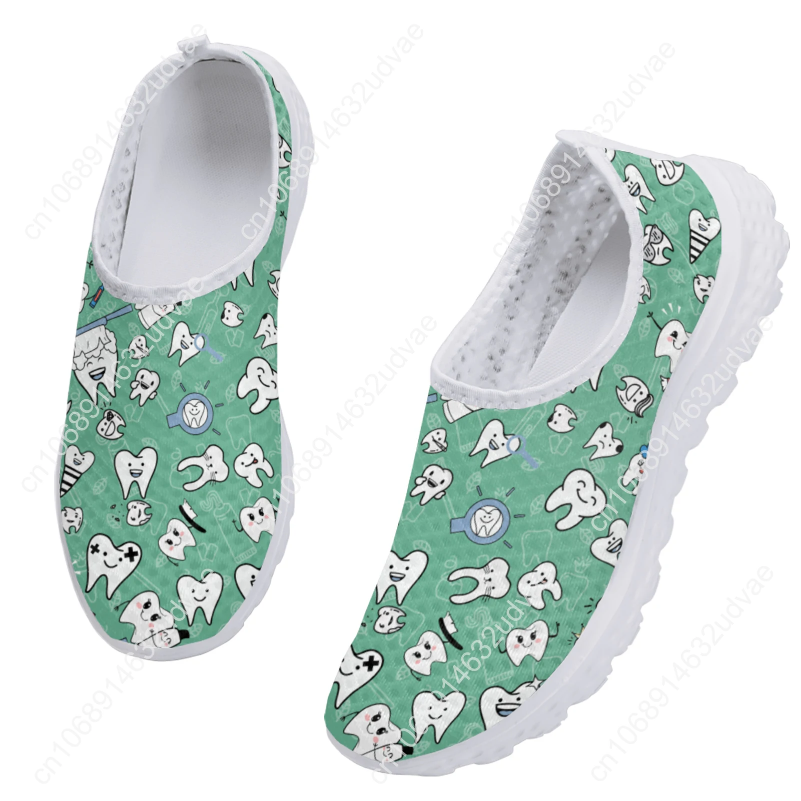 Green Funny Cartoon Teeth Print Ladies Loafers Comfortable Medical Shoes Summer Breathable Mesh Sneakers Zapatos