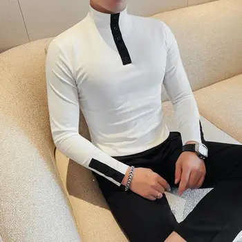 T-shirt a maniche lunghe di alta qualità, top da uomo in tinta unita con collo semi-alto autunno e inverno. Polo con bottoni e colletto, business casual 1