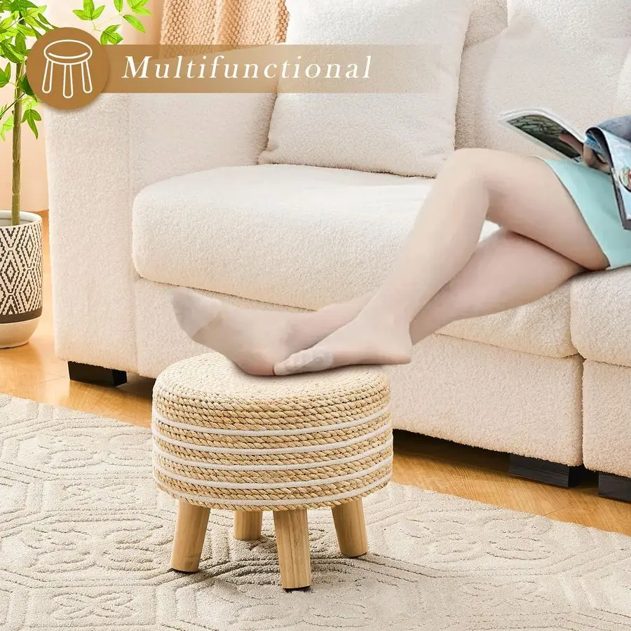 Round Seagrass Ottoman Footstool Handwoven Water Hyacinth Pouf with Solid Wood Legs Shoe Changing Stool Sturdy amp Stylish Footr